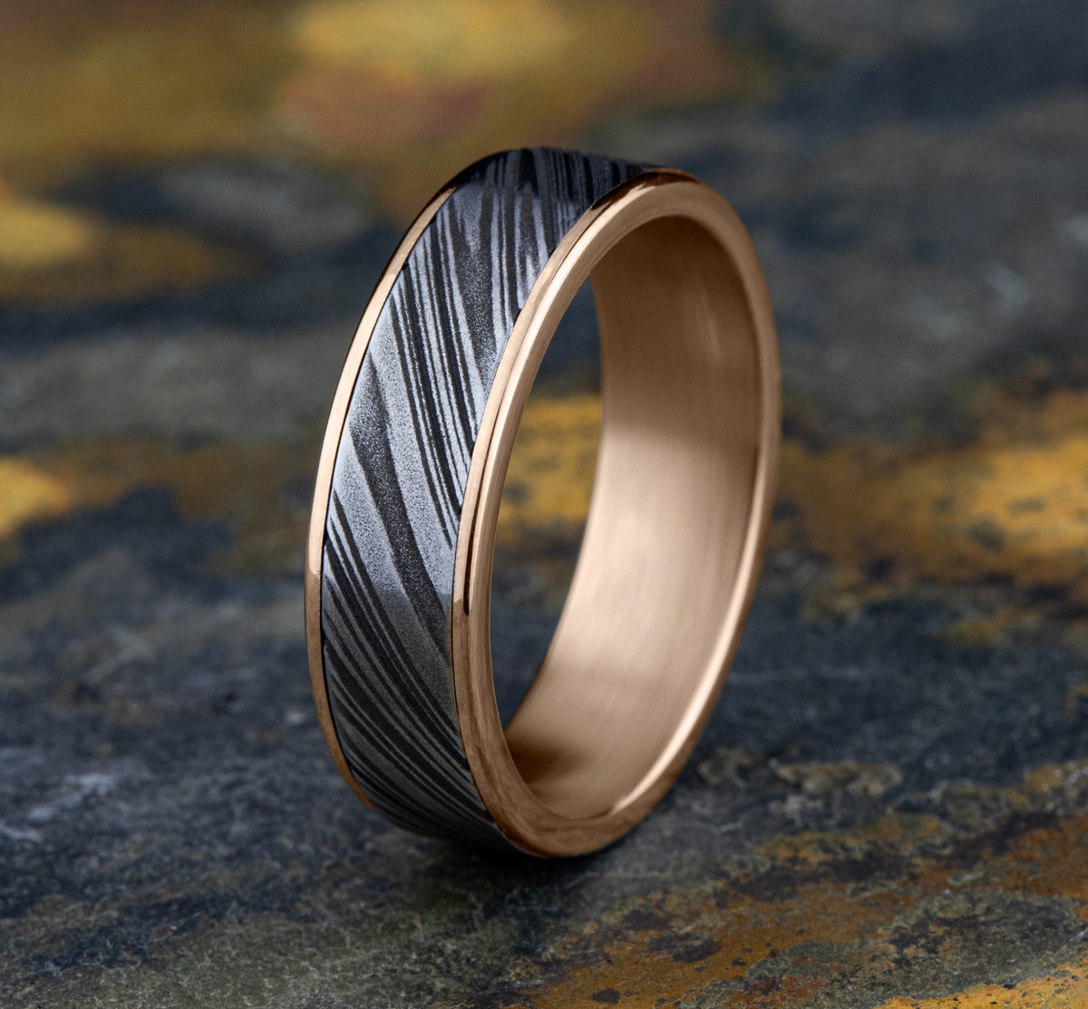 THE BOWIE - 14K Rose Gold / Damascus Steel/Damascus steel center, thin polished edges - image 4